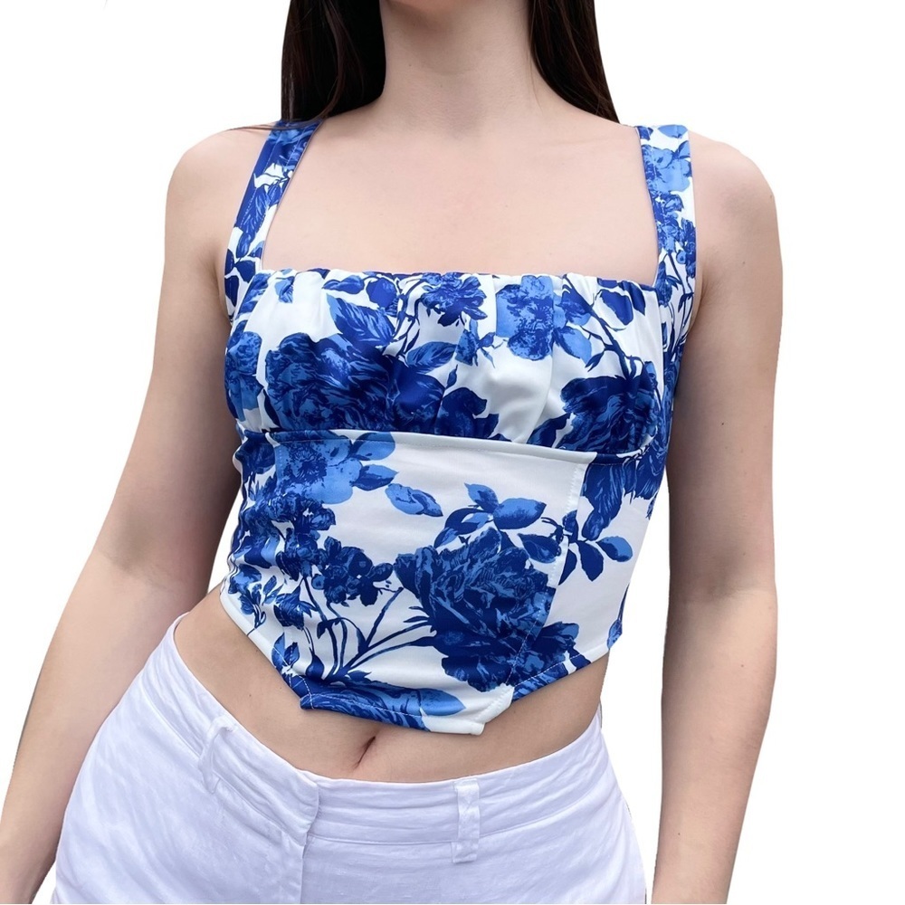 ASOS Corset Milkmaid Crop Top in Blue and White Porcelain Floral Toile Print
